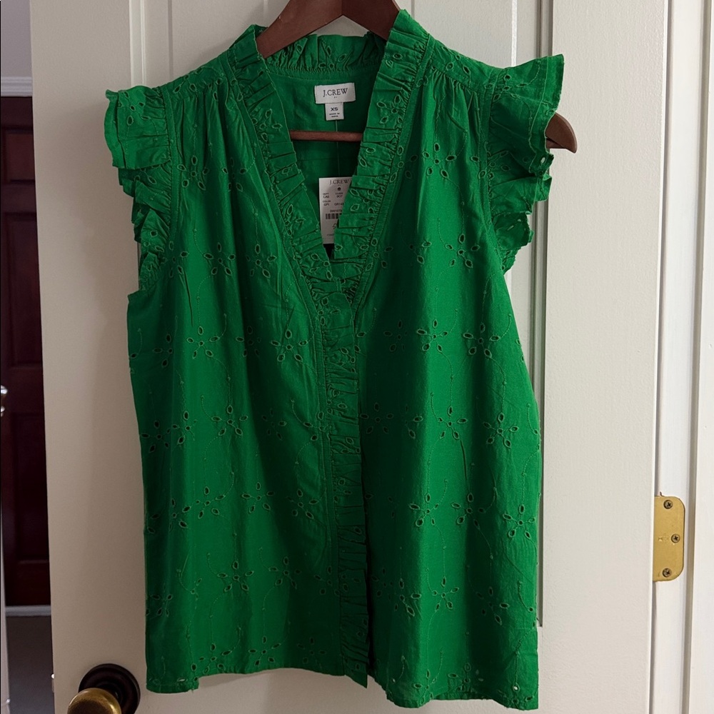NWT J. Crew Emerald Green Eyelet Flounce Ruffle Sleeve V-Neck Tank